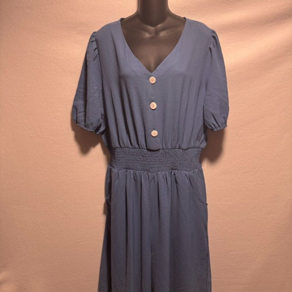 Dusty Blue Smocked Waist Button Front Short Sleeve Wide Leg Romper